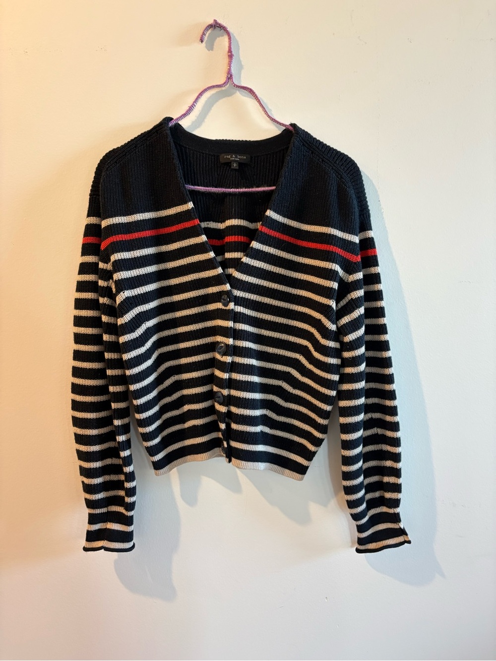 rag & bone Black, White & Red Striped V-Neck Cardigan